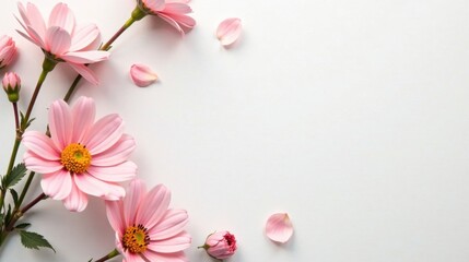 Delicate Pink Blossoms Arranged on a Pristine White Background, Creating a Serene and Elegant Floral Composition Perfect for Invitations or Greeting Cards