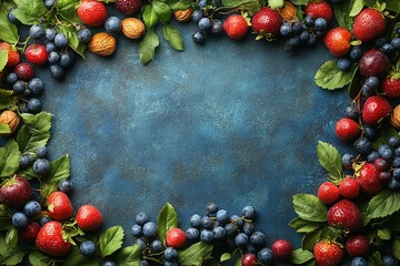 Fresh berries and nuts frame on blue background for food menu