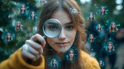 Social Network Analysis: A young woman uses a magnifying glass to examine a network of faces, exploring connections and relationships in a digital world.  The image symbolizes online community.