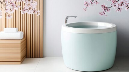 Fototapeta premium Serene Modern Bath Space with Minimalist Design and Cherry Blossoms