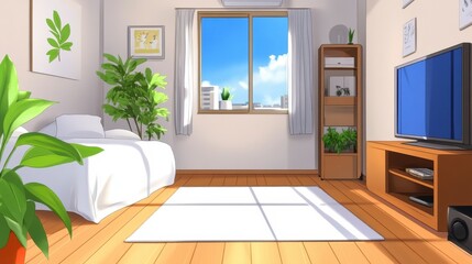 Bright and Modern Living Room with Large Window and Green Plants