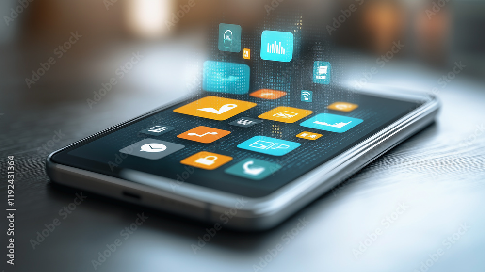 Poster smartphone app interface: a sleek smartphone rests on a dark surface, its screen displaying a vibran
