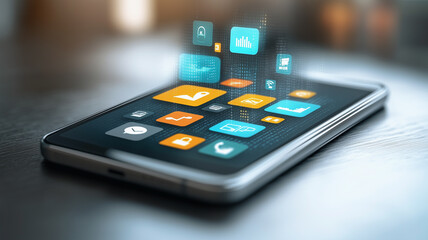 Smartphone App Interface: A sleek smartphone rests on a dark surface, its screen displaying a vibrant array of app icons, with additional icons seemingly floating above.