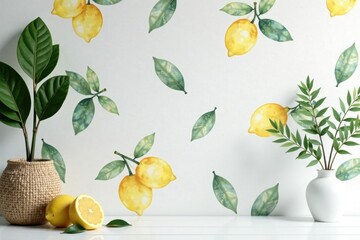 A Vibrant Still Life Featuring Lemons and Greenery Against a Lemon-Themed Wall Decor