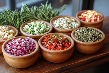 Fresh chopped herbs, spices, vegetables in bowls on restaurant table