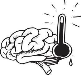 brain with high temperature on thermometer hand drawn sketch