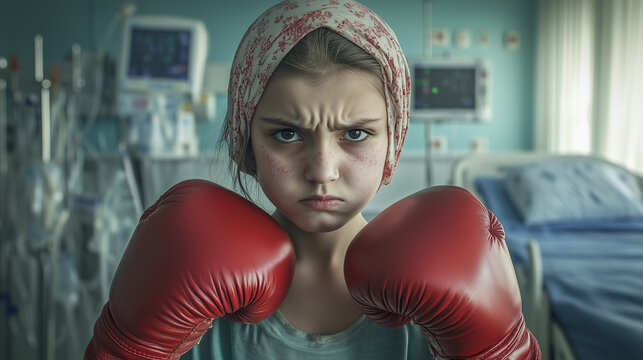 A girl in her hospital room, with an angry and determined face fighting her disease, wearing red boxing gloves and a head covering. World Cancer Day
