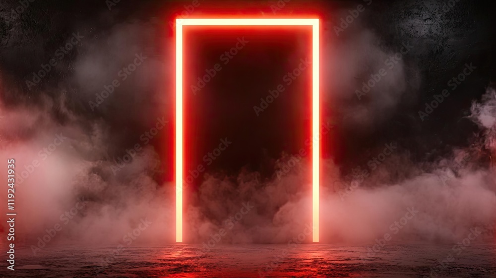 Poster blurred abstract background idea. neon door illuminated in fog, symbolizing gateways to new opportun