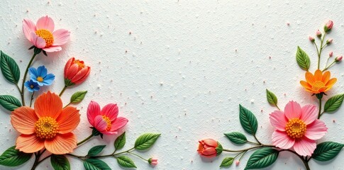 Vibrant handcrafted blossoms arranged symmetrically on a textured white background, creating a delightful floral border for your design projects.