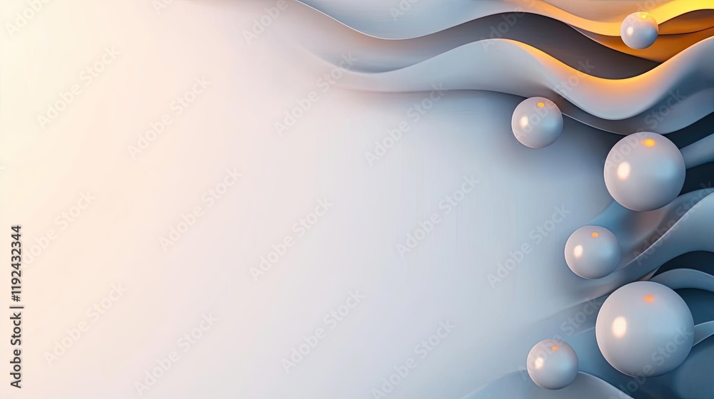 Poster Blurred abstract background idea. Abstract design featuring smooth waves and floating spheres in soft colors.