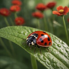 Fototapeta premium A cute ladybug cartoon features a bright red, rounded body with black spots, large expressive eyes, and tiny antennae. Its cheerful smile and playful pose convey a sense of joy and whimsy.