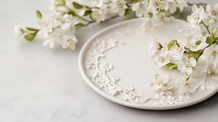 White blossoms adorn an ornate porcelain plate