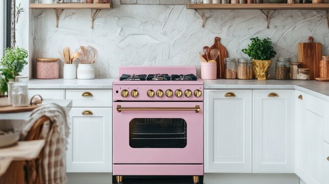 A professionally designed kitchen featuring white cabinets and a retro pink oven.