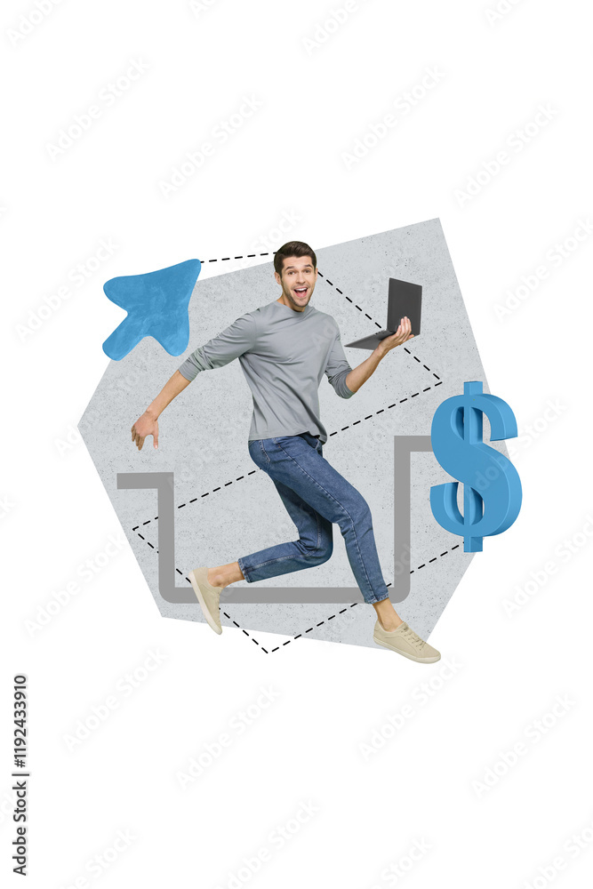 Aufkleber Vertical collage image of excited positive guy use netbook run arrow pointer cursor isolated on creative painted background