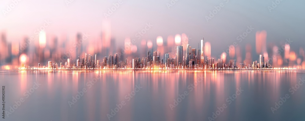 Poster blurred abstract background idea. a dreamy skyline reflecting in calm water, showcasing urban lights