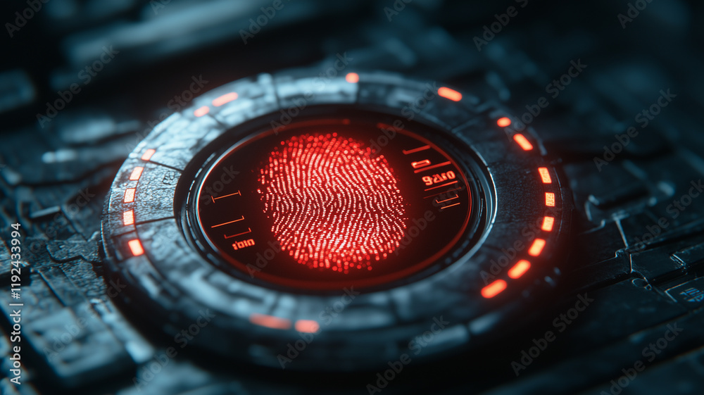 Poster biometric fingerprint scanner: futuristic close-up of a red glowing fingerprint scan, embedded withi