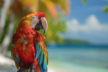 Obraz premium Vibrant scarlet macaw enjoys the serene ambiance of a tropical beach