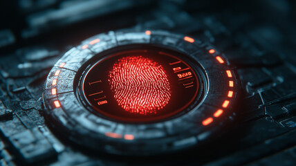 Biometric Fingerprint Scanner: Futuristic close-up of a red glowing fingerprint scan, embedded within a high-tech, dark metallic circular device.  The image evokes themes of security, technology.