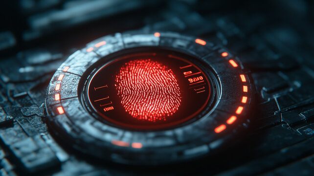 Biometric Fingerprint Scanner: Futuristic close-up of a red glowing fingerprint scan, embedded within a high-tech, dark metallic circular device.  The image evokes themes of security, technology.