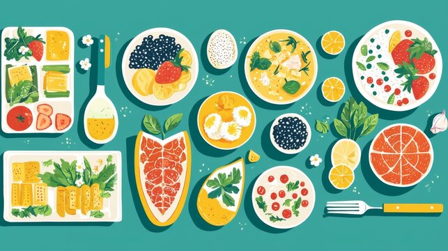 Colorful weekly meal planner with healthy dish icons illustration