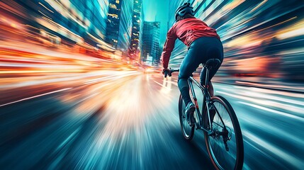 A person cycling through a vibrant cityscape, warm sunlight reflecting on skyscrapers, motion blur adding dynamism, inspiring and urban vibe, energetic and goal-oriented atmosphere