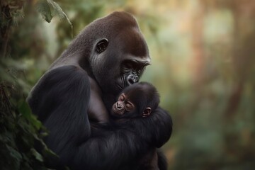 Naklejka premium Majestic gorilla embraces baby in tranquil rainforest setting during soft morning light. Generative AI