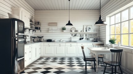 Fototapeta premium A spacious white kitchen featuring a checkerboard floor and retro pendant lighting.