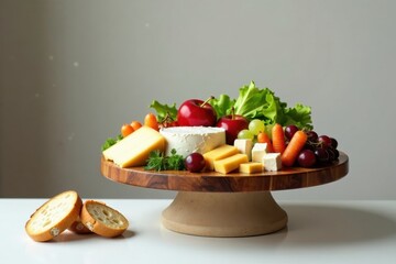 A delectable arrangement of cheeses, fresh fruits, and baby vegetables, artfully presented on a rustic wooden pedestal