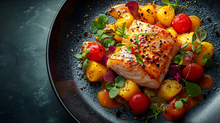 Healthy Dish of Roasted Salmon with Vegetables, Gourmet Presentation