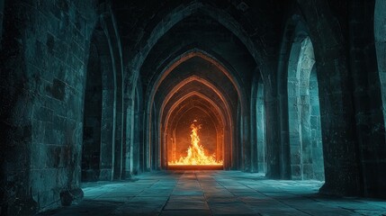 Mystical stone corridor with gothic arches illuminated by a glowing bonfire, creating a moody and enchanting atmosphere. Perfect for historic, fantasy, and dramatic themes.