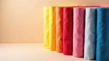Vibrant Rolled Fabric in a Spectrum of Colors, Perfect for Textile Design and Artistic Projects