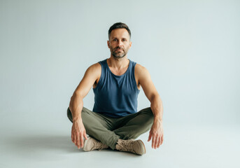 Fototapeta premium Man Sitting Cross-Legged in Studio
