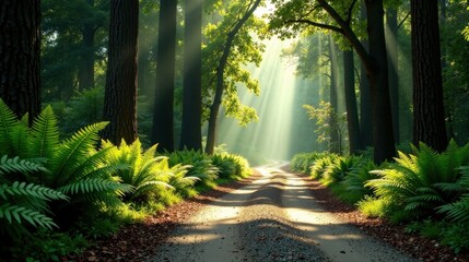 Obraz premium Sunlit Path Through Verdant Forest, Illuminated by Golden Rays, Serene and Tranquil Woodland Scene with Lush Greenery and Gravel Road