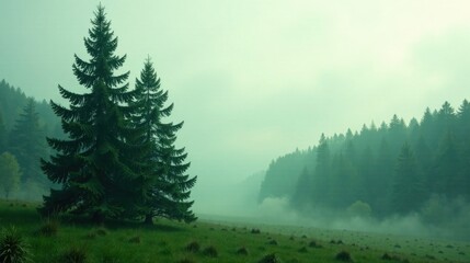 Fototapeta premium Serene Evergreen Trees in a Misty Meadow Landscape with a Distant Forest