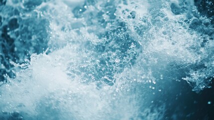 Close-up of vibrant water splash with flowing droplets creating a refreshing atmosphere in blue and white tones