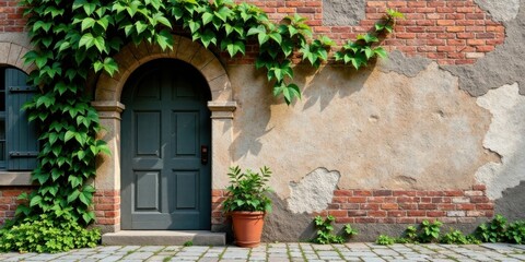 Rustic Charm A Weathered Brick Wall with Ivy, a Potted Plant, and an Elegant Gray Door in a Picturesque Setting