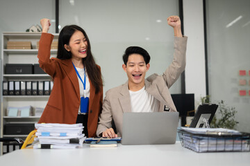 Business team creative businesspeople coworker in office Happy to be successful partnership teamwork success concept.