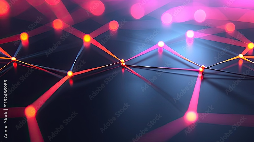 Poster Blurred abstract background idea. Abstract digital network with glowing nodes and lines in vibrant colors.