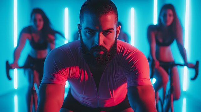 A group of diverse people in a spin class, vibrant neon lights and dynamic reflections off the mirrors, high energy and enthusiasm radiating from the participants, intense and motivating atmosphere