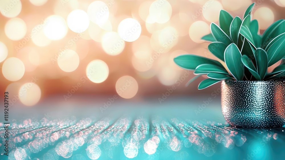Poster Blurred abstract background idea. A vibrant potted plant with blurred bokeh lights in the background, creating a serene ambiance.