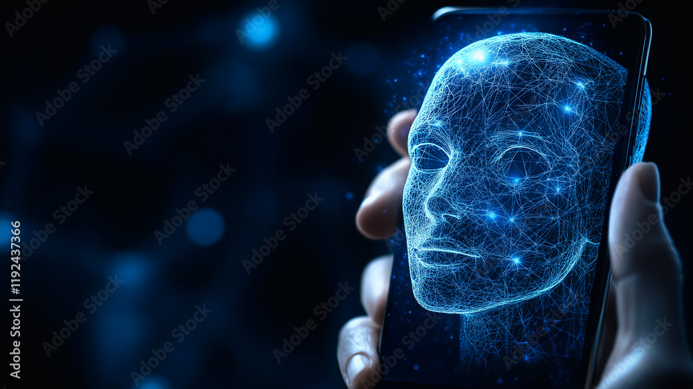 Sticker digital face on smartphone: a hand holds a smartphone displaying a futuristic, digitally rendered fa