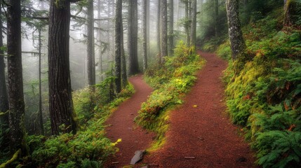 Naklejka premium Birds-eye view of a foggy forest trail winding through the trees.