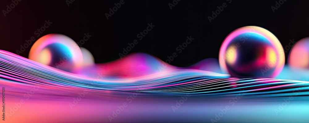 Aufkleber Blurred abstract background idea. Vibrant abstract waves with glossy spheres creating a dynamic visual effect.