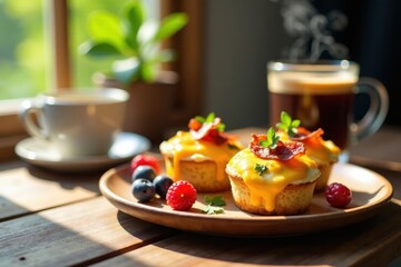 Savory and Sweet Breakfast Treats with a Cheesy Bacon Topping, Enjoyed with Fresh Berries and a Warm Beverage on a Sunny Morning