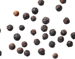 a collection of small, round seeds scattered across a clean, white background. The seeds vary in color from deep brown to light brown generative ai