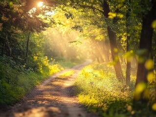 Obraz premium Golden Sunlight Filtering Through a Forest Path at Dawn.