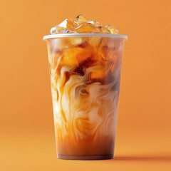 Iced coffee with cream swirls and ice cubes in a clear plastic cup against an orange background.