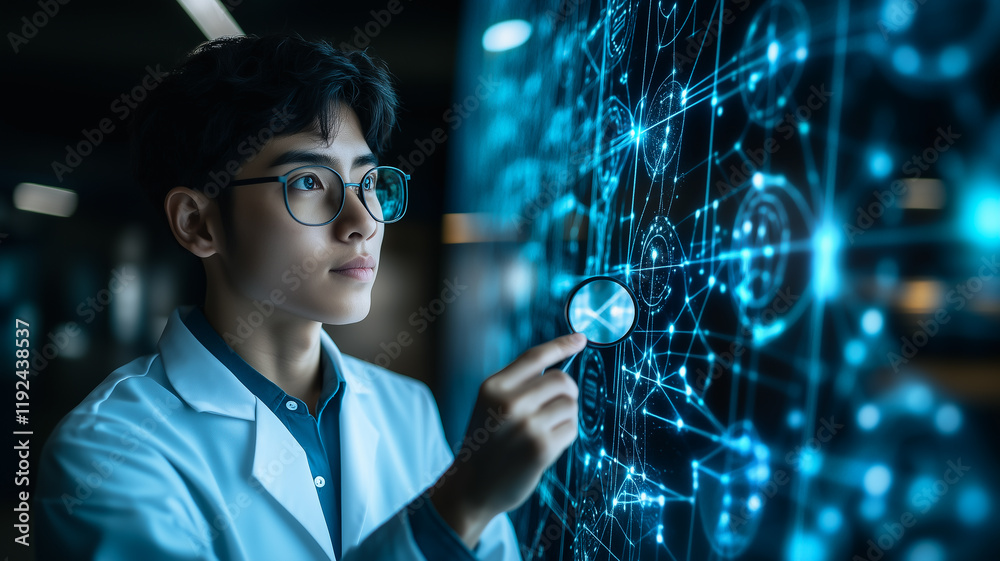 Poster scientist analyzing data: a focused scientist in a lab coat uses a magnifying glass to examine intri