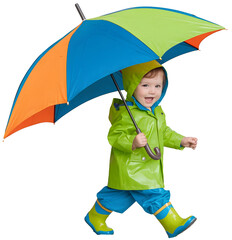 A child with an umbrella on a rainy day is walking with a smile in a raincoat.