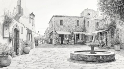 A Peaceful Mediterranean Village Square: Pencil Sketch